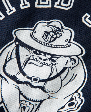 Navy raglan sweatshirt front graphic close-up of Devil Dog in hat