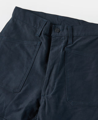 Navy deck pants close-up of cargo pockets, waistband button, and fly placket.