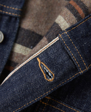 Close-up of plaid blanket lining at denim seam with embroidered stitch detail
