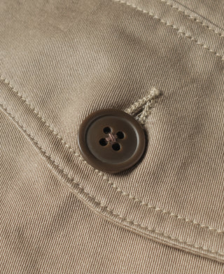 Khaki pocket button detail with dark button and visible topstitching