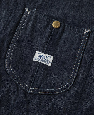 Indigo denim jacket inner chest pocket with N&S label and gold snap button