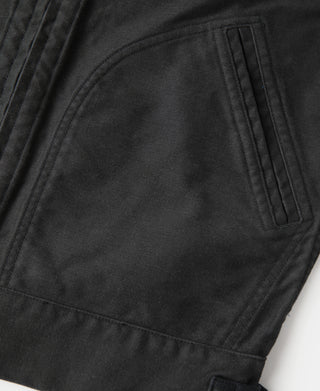 Black moleskin Cossack jacket side pocket with stitched trim and seam detail
