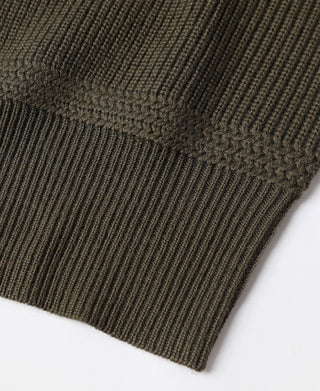 Olive wool sweater hem with ribbed cuff and textured knit