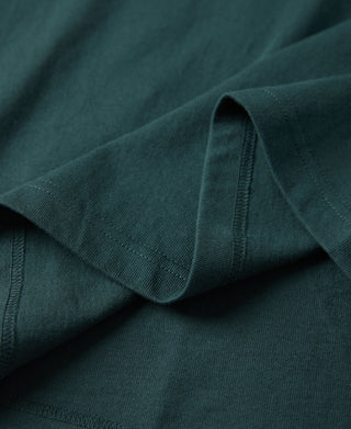 Dark green t-shirt collar area with reinforced stitching along the seam