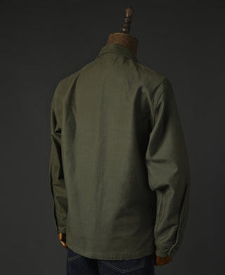 Olive shirt back view with relaxed shoulder and full sleeve