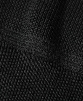 Black ribbed knit fabric close-up showing dense textured rows
