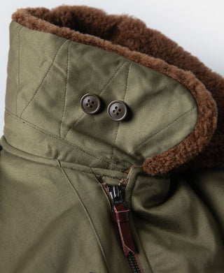Olive flight jacket collar close-up with brown fleece trim and button placket