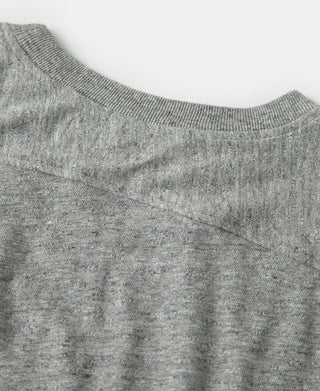Heather gray crew neckline with stitched collar and drop-shoulder sleeve seam