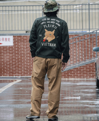 Dark green souvenir jacket with back embroidery featuring tiger and Vietnam text