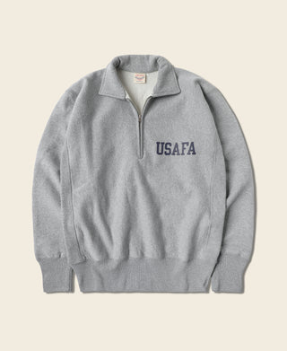 Gray half-zip sweatshirt with USAFA logo at chest and ribbed collar