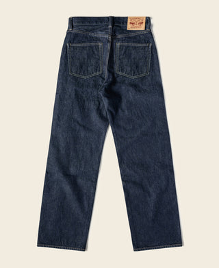 Indigo selvedge denim jeans, flat lay, straight leg with two front pockets
