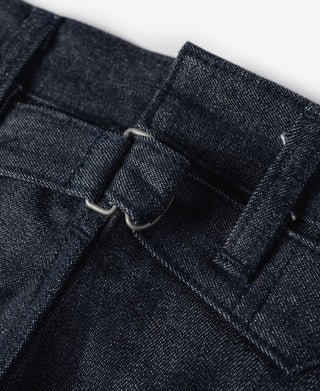 Dark navy denim waistband with metal clips and belt loops detail