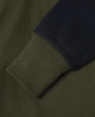 Olive quarter-zip long-sleeve t-shirt sleeve and shoulder seam detail