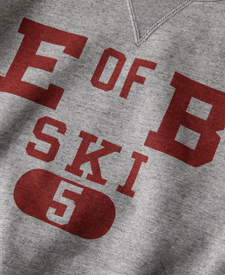 Gray sweater front graphic with red letters and “SKI 5” print