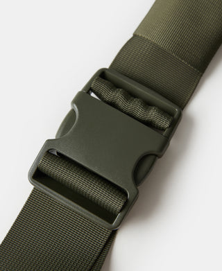 Adjustable olive webbing strap with plastic buckle and keeper loop