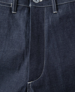 Indigo pants front center seam with buttoned flap detail