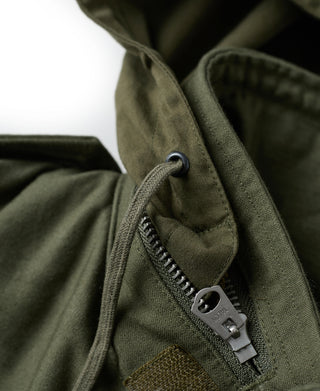 Olive field jacket front with zipper pocket and drawcord toggles
