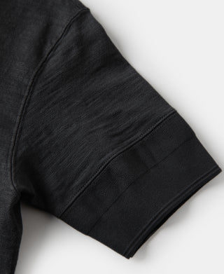 Loopwheel tubular henley T-shirt in black, sleeve cuff and stitched shoulder detail