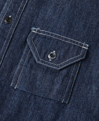 Dark blue denim workshirt chest flap pocket with small logo button