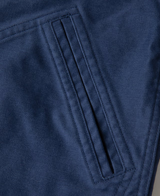 Blue moleskin Cossack jacket front pocket with stitched vertical placket