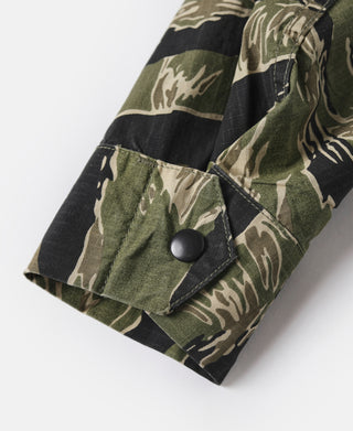 Camo jacket sleeve cuff with dark button and patch pocket detail on cuff.