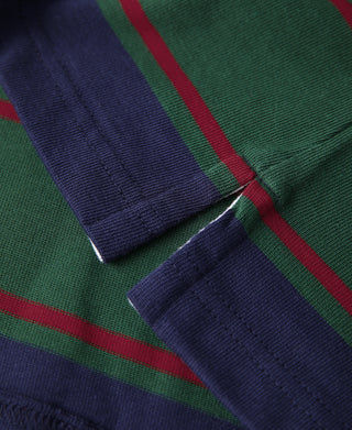 Close-up of rugby shirt placket and cuff with navy knit and green/red stripes