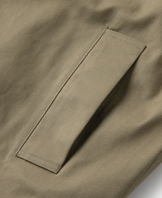 Khaki trench coat pocket flap with stitched edge and side seam