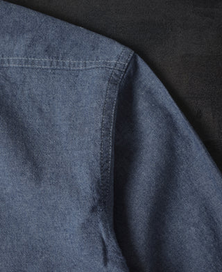 Blue chambray work shirt shoulder yoke seam detail