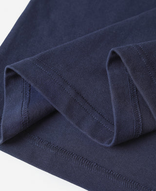 Navy short-sleeve henley t-shirt sleeve cuff and stitching detail