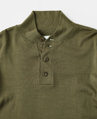 Olive wool henley shirt close-up, stand collar and button placket