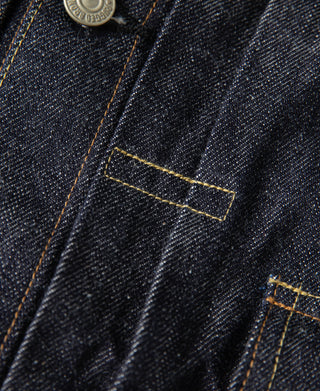 Indigo denim vertical seam detail with metal button and contrast stitch lines