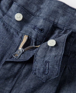 Indigo chambray pants pocket close-up with coin pocket and button tabs