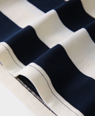 Heavyweight cotton t-shirt side seam with navy and white wide stripe stitching