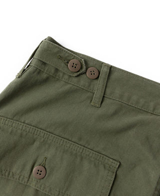 Olive fatigue pants waistband with two button closure and belt loops