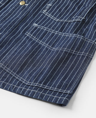 Indigo pinstripe work coat lower front with flap pocket and stitched grid trim