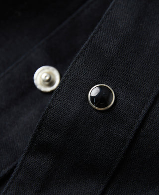 Black western shirt sleeve button detail with metal snap and shirt placket edge