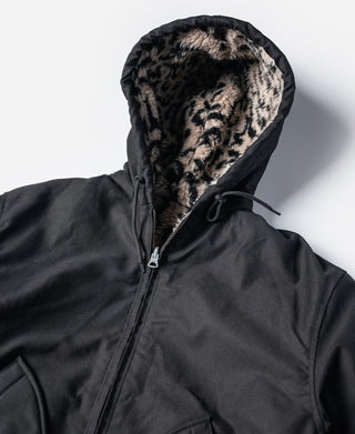 Black deck jacket hood with leopard-print lining, front zipper, and drawstring