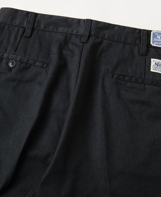 Black straight-leg work pants with front pleats, belt loops, and pockets