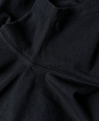 Black cotton tubular T-shirt neckline seam and shoulder detail, smooth knit finish