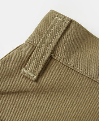 Khaki deck pants waistband with stitched belt loops and drawstring
