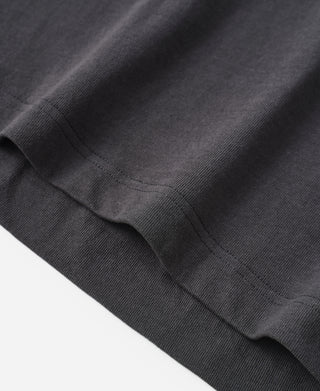 Dark gray cotton T-shirt side seam and bottom hem stitch details