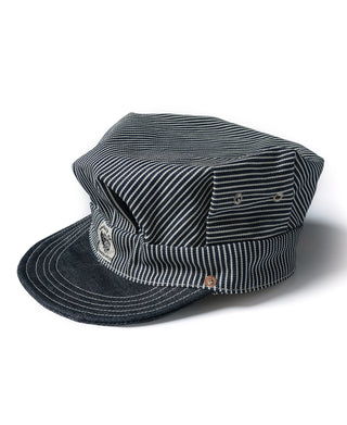 Railroad engineer cap with navy-and-white stripes, dark brim, and small button accents