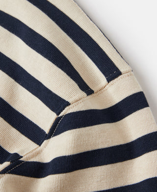 Apricot and navy striped shoulder seam on long sleeve T-shirt