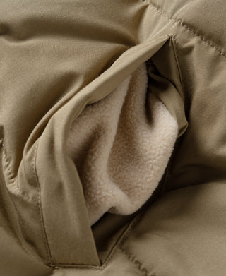 Khaki padded vest with fleece-lined interior pocket panel