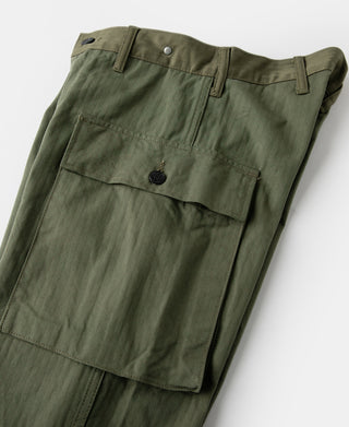 Olive fatigue trousers back view with button waistband and cargo pocket.