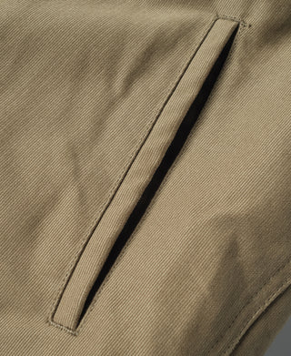 Khaki jacket front placket with stitched edge detail