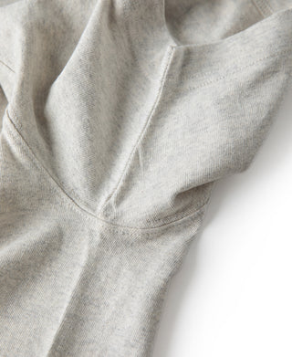 Oatmeal crewneck cotton T-shirt with front sleeve seam close-up.