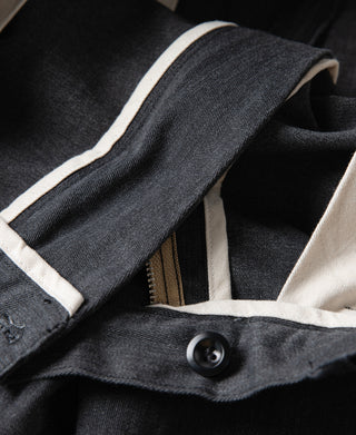 Dark gray chino pocket opening with contrasting light inner waistband lining