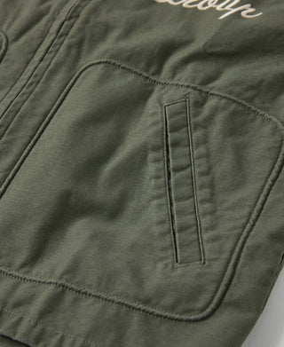 Olive jacket with stitched pocket flap and vertical seam detail