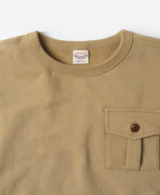 Khaki crewneck sweatshirt with neck label and chest pocket